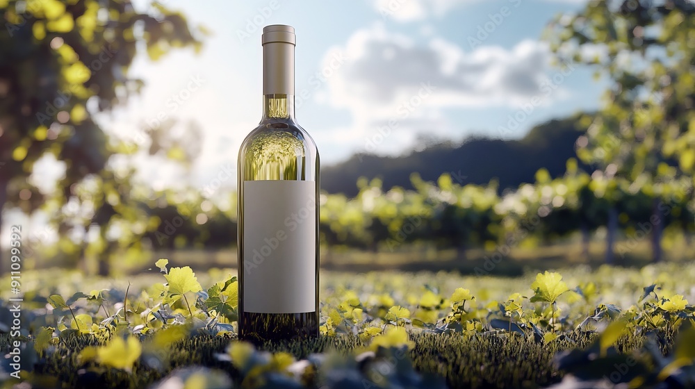 Elegant White Wine Bottle Against Sunny Vineyard Background: Customizable Mock-Up Elegant White Wine Bottle Against Sunny Vineyard Background: Customizable Mock-Up
