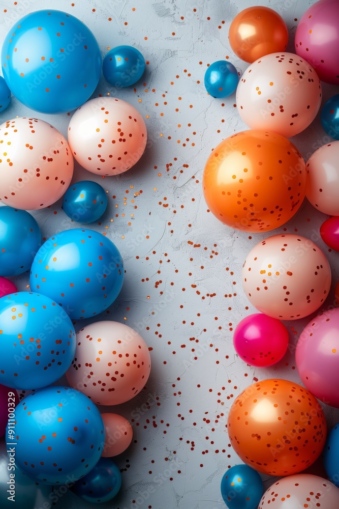 Colorful balloons with confetti, festive background Colorful balloons with confetti, festive background