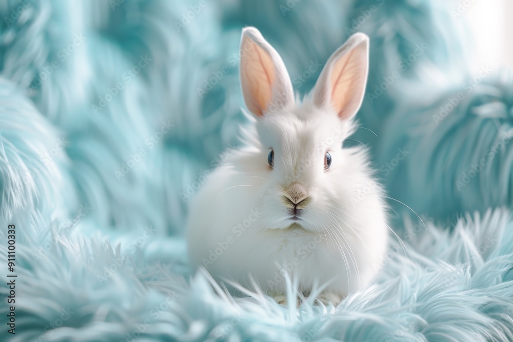 Adorable white rabbit sitting on a fluffy rug on a blue armchair. Adorable white rabbit sitting on a fluffy rug on a blue armchair.