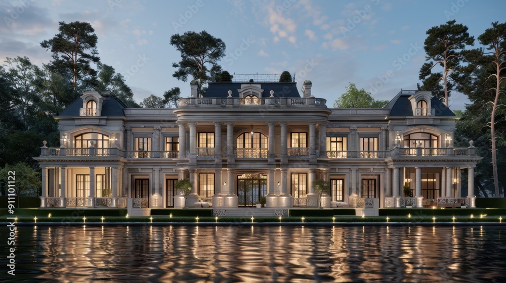 Luxury mansion at dusk, illuminated with warm lights reflecting in a serene lake surrounded by lush greenery and trees. Luxury mansion at dusk, illuminated with warm lights reflecting in a serene lake surrounded by lush greenery and trees.