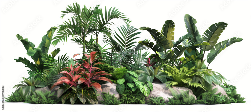 A sunny tropical garden with lush, vibrant red foliage and palm trees,isolate on white background A sunny tropical garden with lush, vibrant red foliage and palm trees,isolate on white background