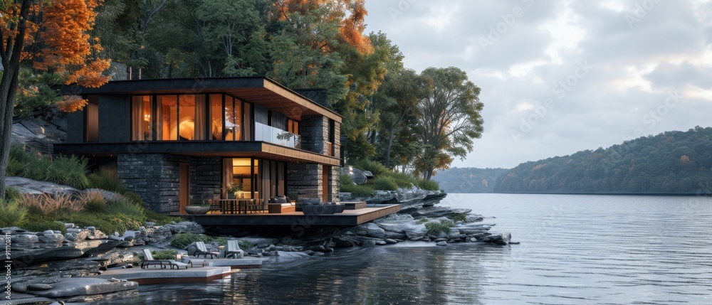 Obraz premium Modern lakeside house with large windows, surrounded by autumn trees and overlooking a serene lake at dusk.