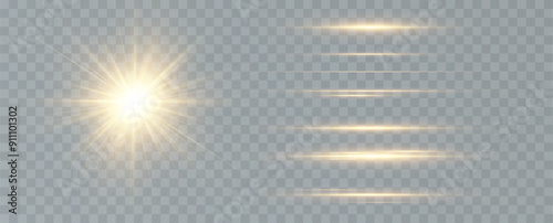 glowing light explodes on a transparent background. with ray. Transparent shining sun, bright flash. Special lens flare light effect.