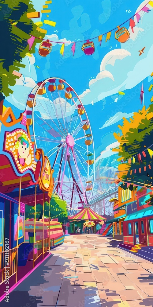 Obraz premium 16 Quirky amusement park flat design cheerful perspective anime theme cartoon drawing colored pastel