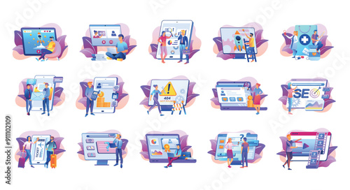 Mega set of gradient purple concepts with people scene in flat cartoon design. A huge collection of vivid illustrations depicting men and women in various situations. Vector illustration.