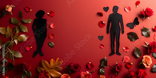 Valentine's Day Art: Elegant Rose and Silhouette Design with a Romantic Red Theme, Ideal for Celebrating Love and Romance