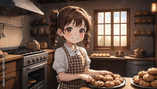 Little girl baking cookies in a kitchen