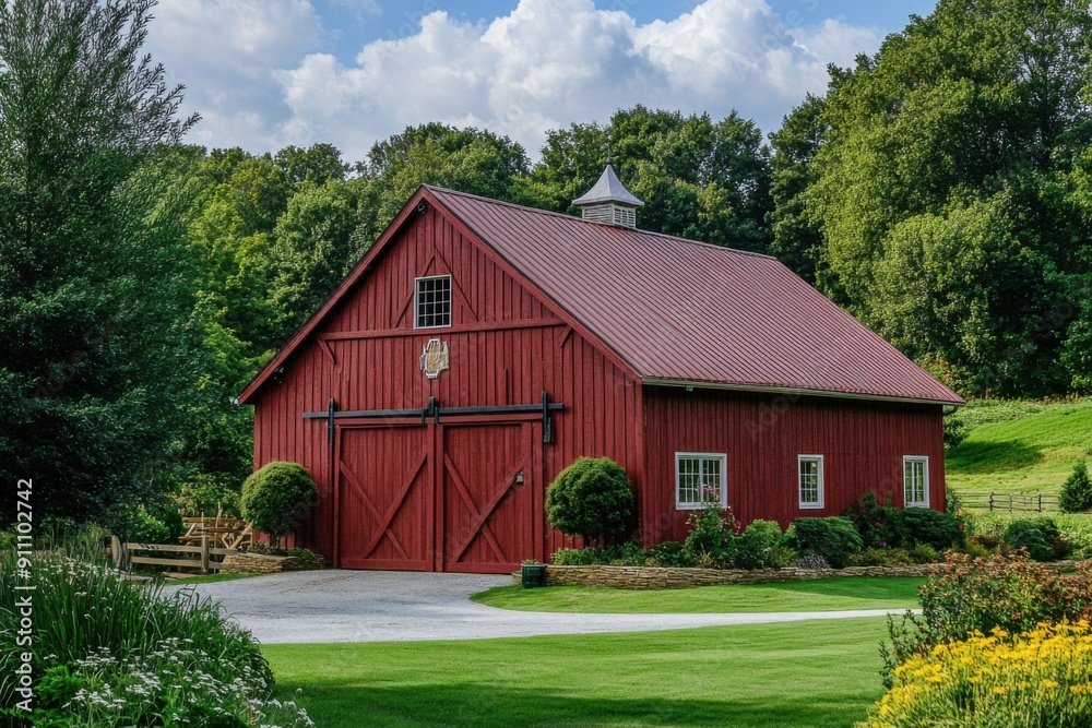 A rustic barn-style building with wooden beams, a red exterior, and a picturesque countryside setting