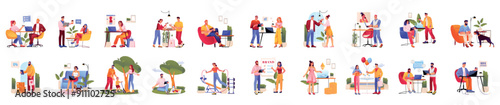 Mega set of different concepts with people scene in flat cartoon design. A massive collection of incredible illustrations of men and women characters in various situations. Vector illustration.