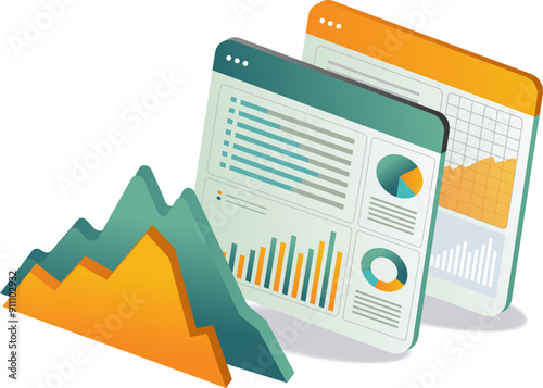 An illustration of a tablet displaying various graphs and charts, showcasing data analysis and visualization