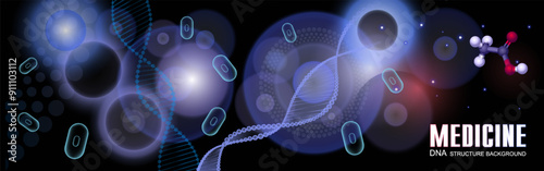 Background with DNA chain. Structural DNA chain with molecular bond. DNA genotype on futuristic background with molecules and particles. Science and medicine. Creative background