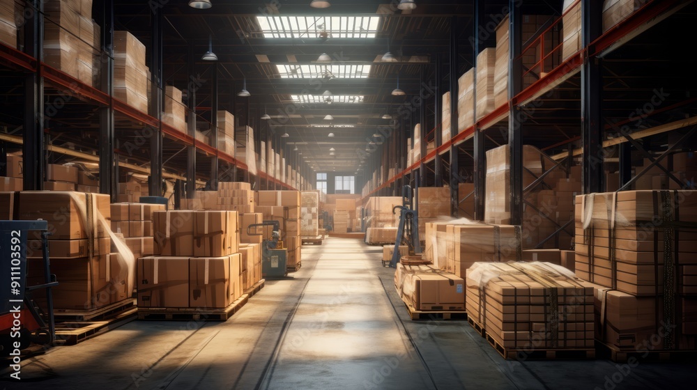 Interior of a modern warehouse storage of retail shop with pallet truck near shelves. Neural network ai generated art Interior of a modern warehouse storage of retail shop with pallet truck near shelves. Neural network ai generated art