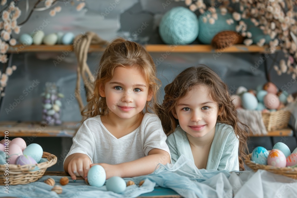 Fototapeta premium Two girls decorating Easter eggs in a festive setting.