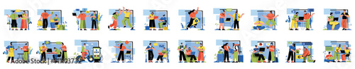 Mega set of colorful concepts with people scene in flat cartoon design. A large selection of colorful images showing men and women in various life situations. Vector illustration.
