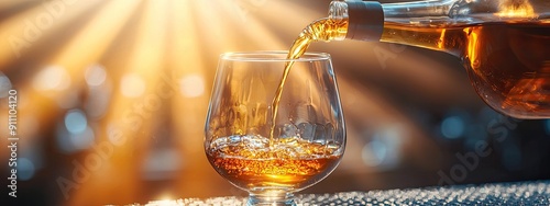 whiskey is poured into a glass with ice. Selective focus