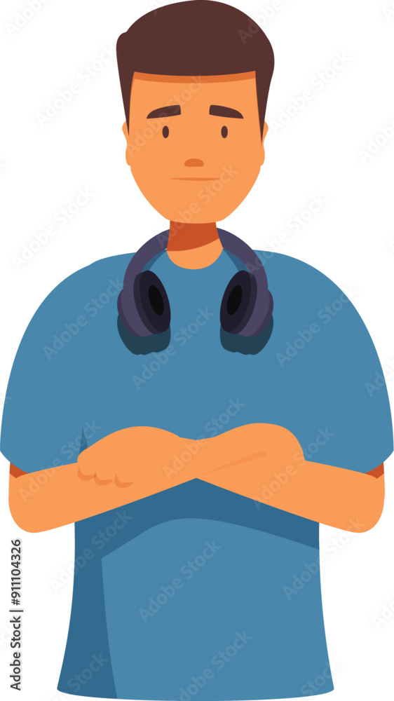 Young man wearing headphones is crossing his arms with a serious expression Young man wearing headphones is crossing his arms with a serious expression