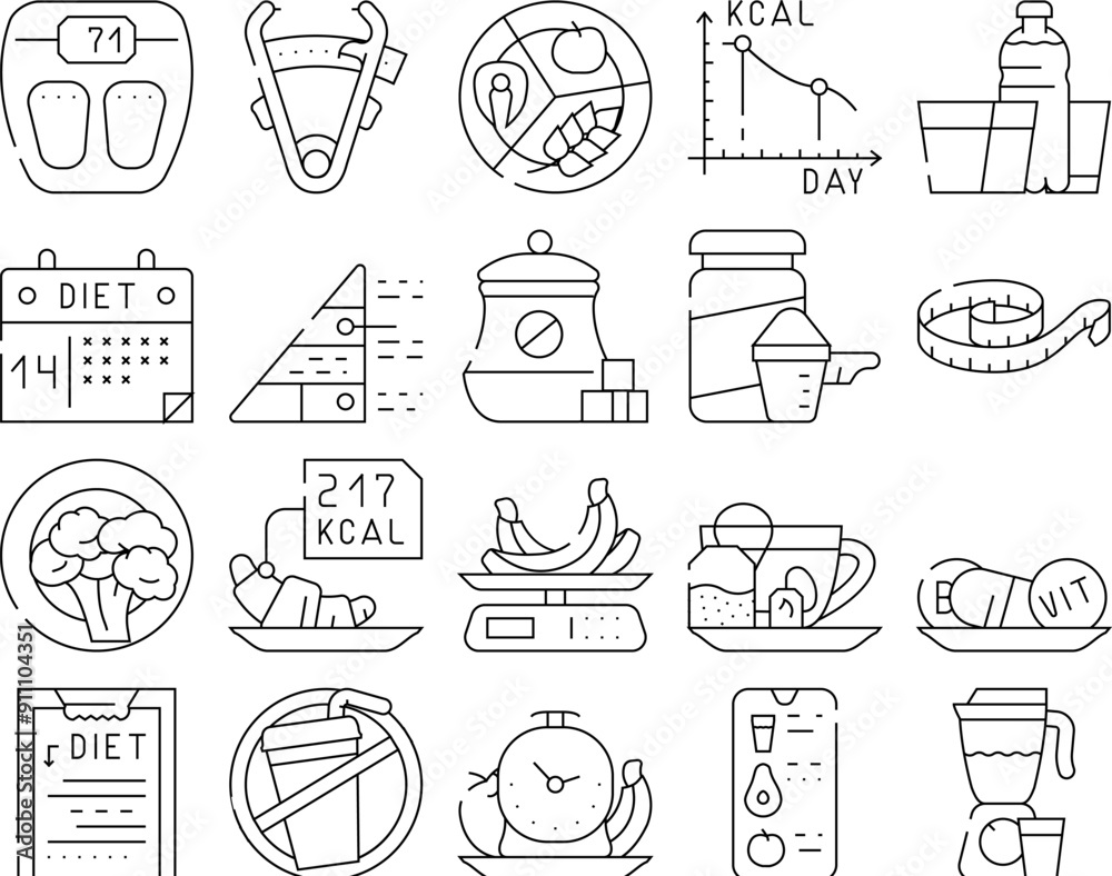 Diet Products And Tool Collection Icons Set Vector. Vegetarian Diet And Description, Fat Burning Tea And Smoothie Drink, Flexible Meter And Caliper Black Contour Illustrations Diet Products And Tool Collection Icons Set Vector. Vegetarian Diet And Description, Fat Burning Tea And Smoothie Drink, Flexible Meter And Caliper Black Contour Illustrations