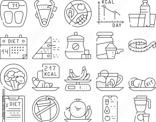 Diet Products And Tool Collection Icons Set Vector. Vegetarian Diet And Description, Fat Burning Tea And Smoothie Drink, Flexible Meter And Caliper Black Contour Illustrations