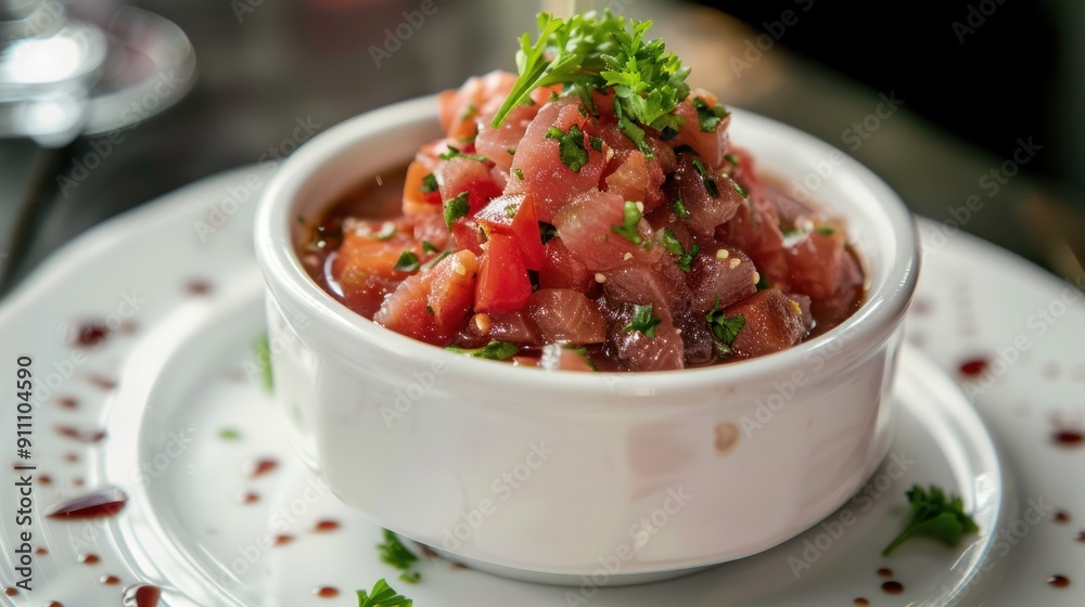 Tuna and Tomato Salad with Parsley Garnish in a White Bowl Tuna and Tomato Salad with Parsley Garnish in a White Bowl