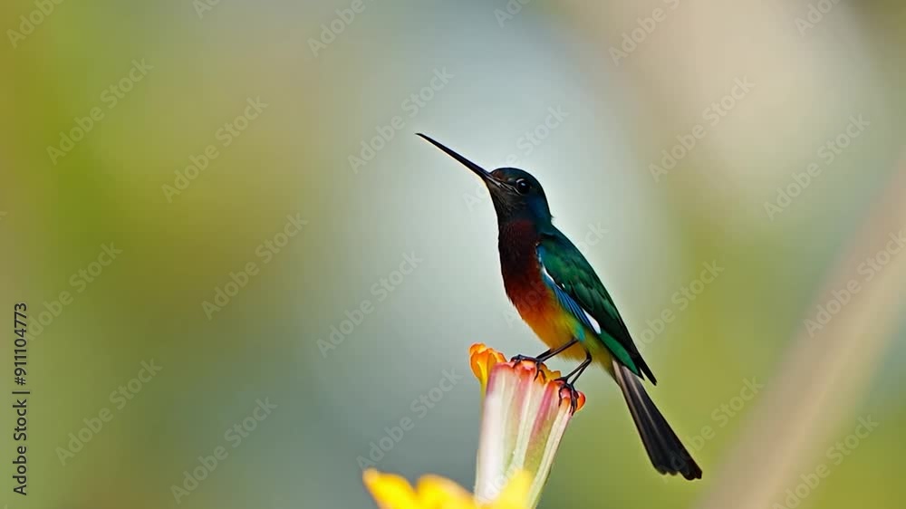 A stunning bird stands on a flower, showcasing its brilliant feathers under the warm sunlight, surrounded by a soft, blurred background A stunning bird stands on a flower, showcasing its brilliant feathers under the warm sunlight, surrounded by a soft, blurred background