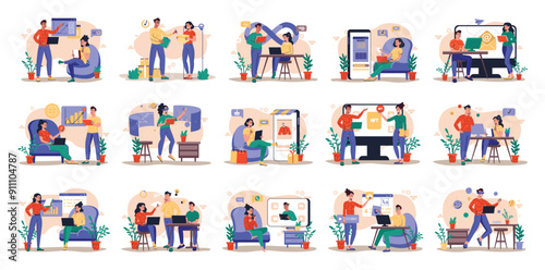 Mega set of different concepts with people scene in flat cartoon design. A massive collection of bright illustrations with various life situations on a beige background. Vector illustration.
