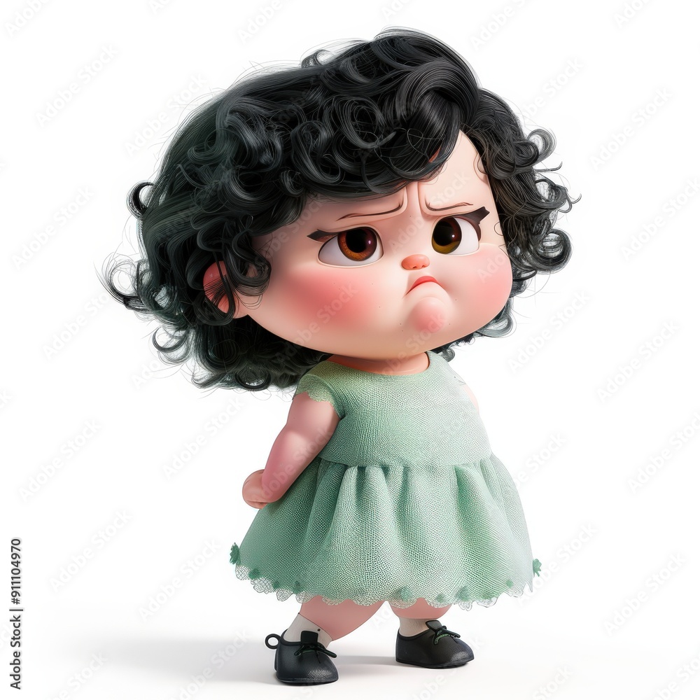 A 3D Cartoon Illustration of a Frowning Young Girl with Curly Black Hair A 3D Cartoon Illustration of a Frowning Young Girl with Curly Black Hair