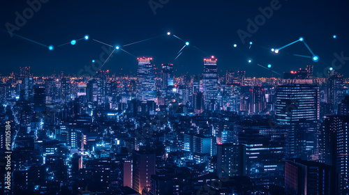 Wallpaper Mural Modern city with wireless network connection and urban landscape concept wireless network and connectivity technology on city background at night Torontodigital.ca