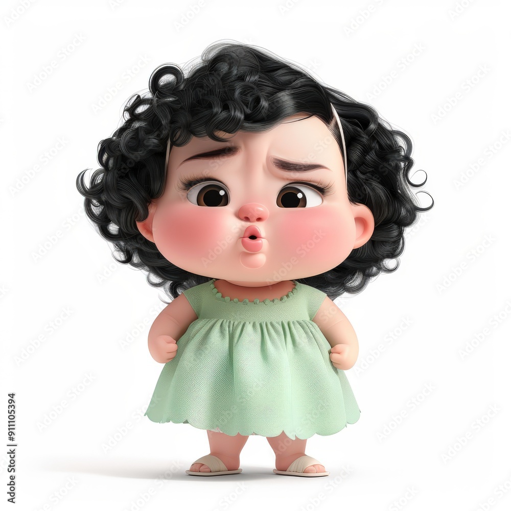 Cartoon Girl with Curly Black Hair Wearing a Green Dress Cartoon Girl with Curly Black Hair Wearing a Green Dress