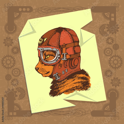 Portrait of a cat in a vintage flying helmet in a fancy frame in the style of steam punk. Vector illustration