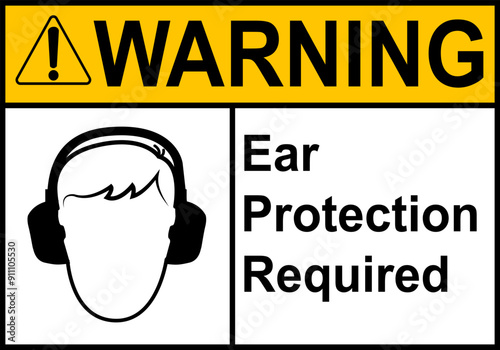 Hearing protection sign. High noise areas. Wear earmuffs or earplugs. Take precautions to protect your hearing. Noise protection sign. Warning sign. Risk hearing loss.