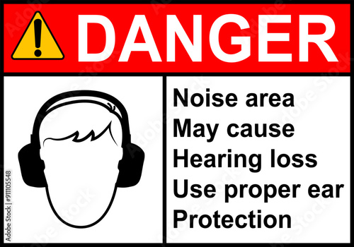 Hearing protection sign. High noise areas. Wear earmuffs or earplugs. Take precautions to protect your hearing. Noise protection sign. Warning sign. Risk hearing loss.