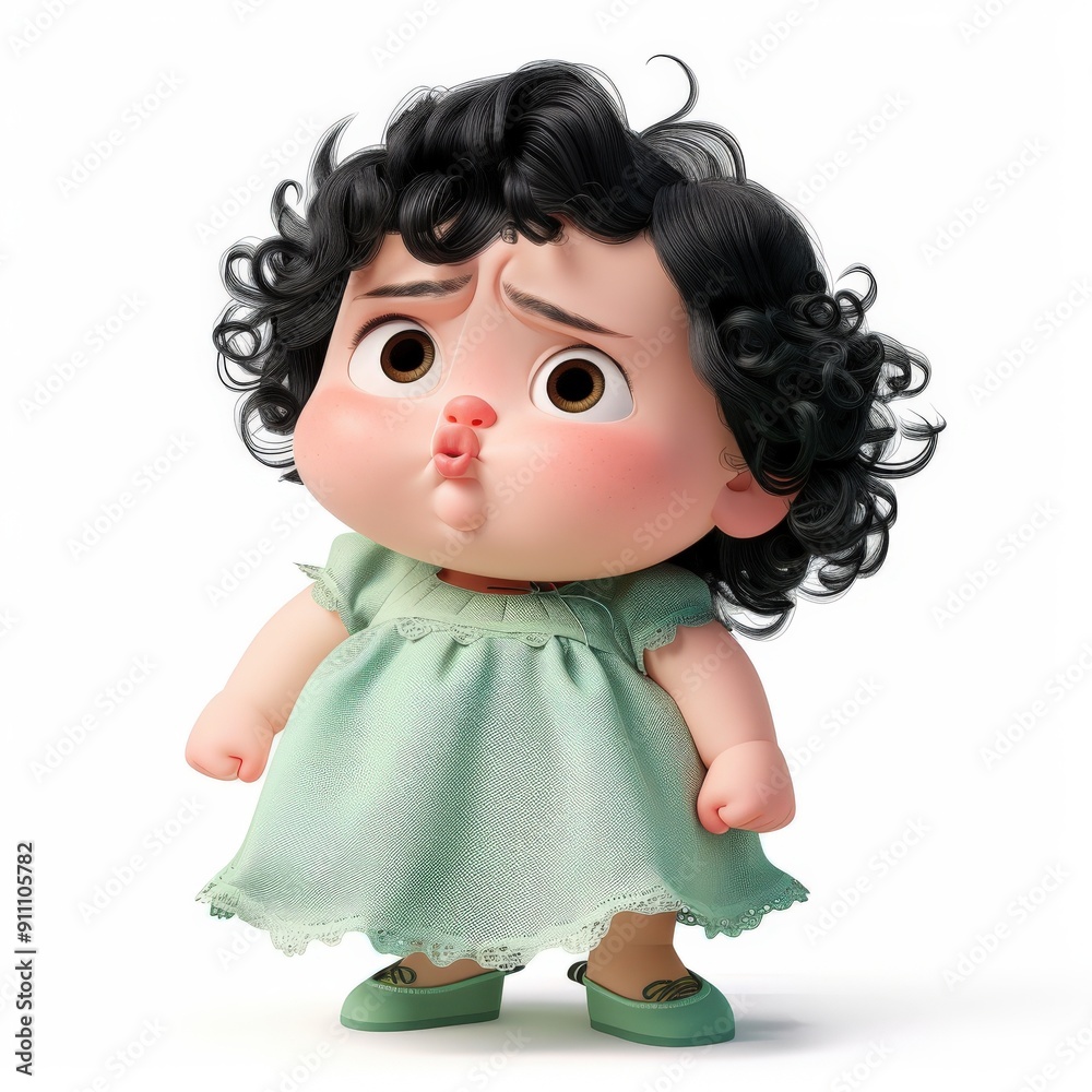 3D Render of a Cartoon Girl with Curly Black Hair in a Green Dress
