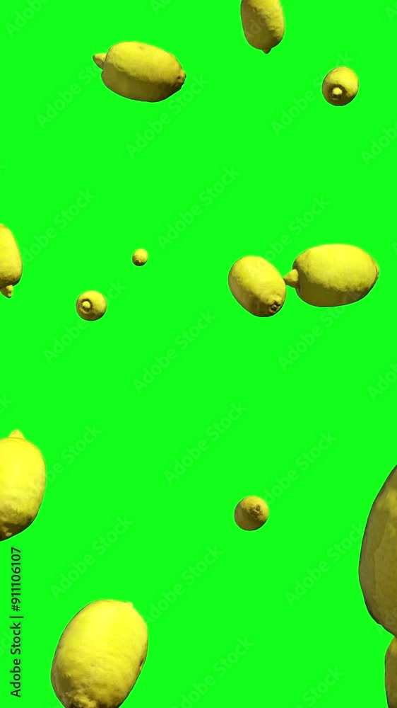 Green screen rain lemon falling, vertical animation 3d	