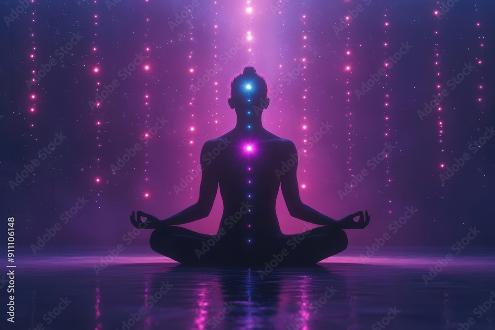 cosmic meditation scene chakra energy points glowing starry universe background ethereal light streams cosmic meditation scene chakra energy points glowing starry universe background ethereal light streams