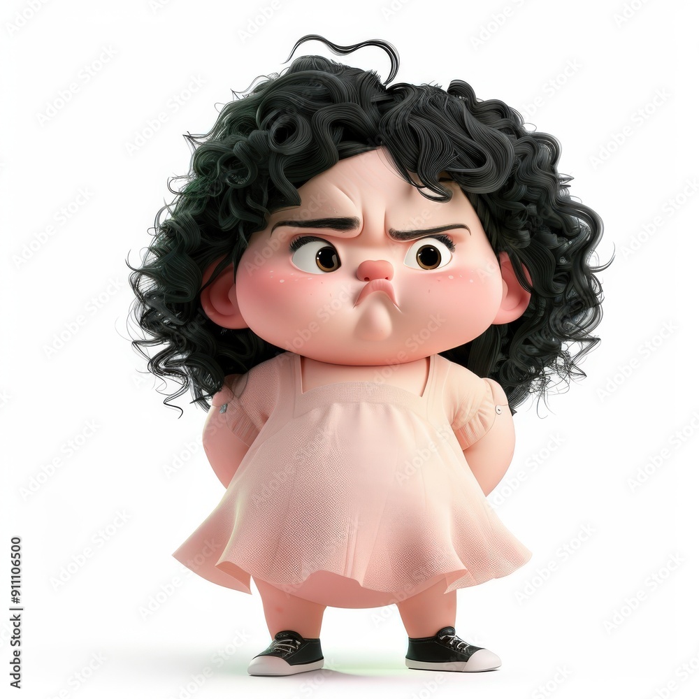 A 3D Cartoon Girl with Curly Black Hair and a Frowning Expression A 3D Cartoon Girl with Curly Black Hair and a Frowning Expression