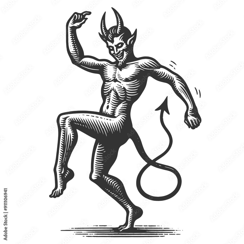Fototapeta premium dancing devil with horns and tail, showcasing a mischievous and playful character sketch engraving generative ai fictional character vector illustration. Scratch board imitation. Black and white image