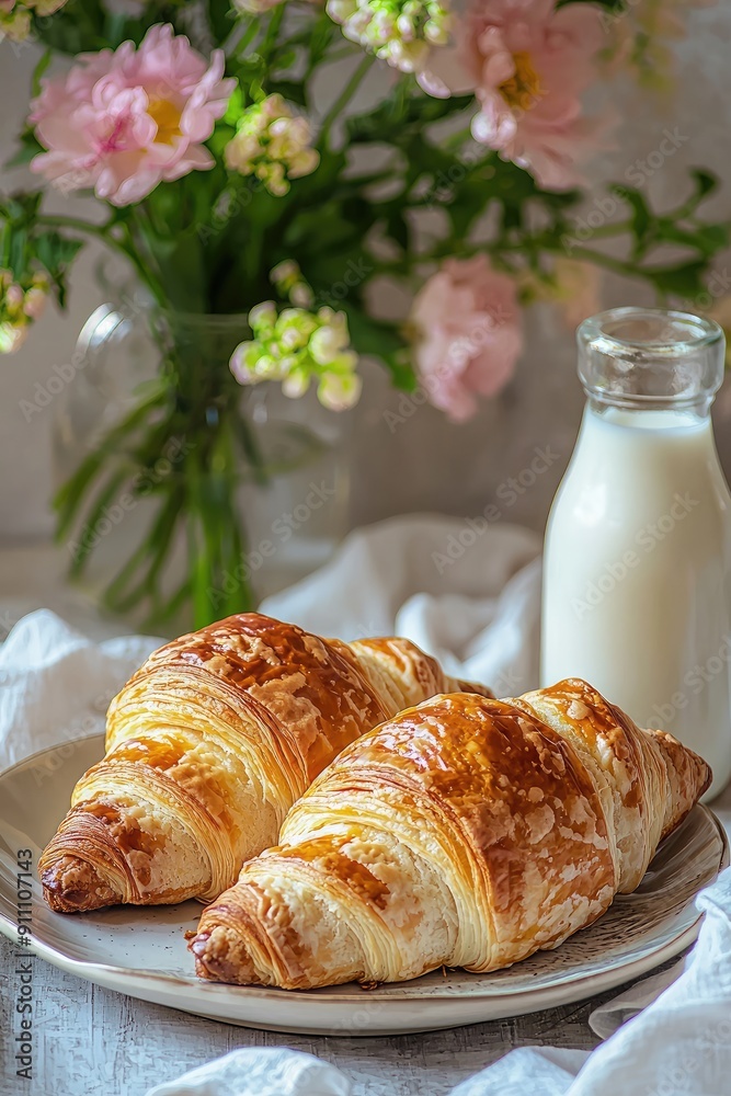 we ate croissants and milk. Selective focus we ate croissants and milk. Selective focus