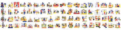 Mega set of saturated color concepts with people scene in flat cartoon design. The collection set of illustrations are done in bright colors and cover a variety of topics. Vector illustration.