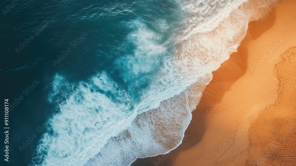 Aerial shot of a sandy beach and ocean, capturing the contrast between land and rolling waves Aerial shot of a sandy beach and ocean, capturing the contrast between land and rolling waves