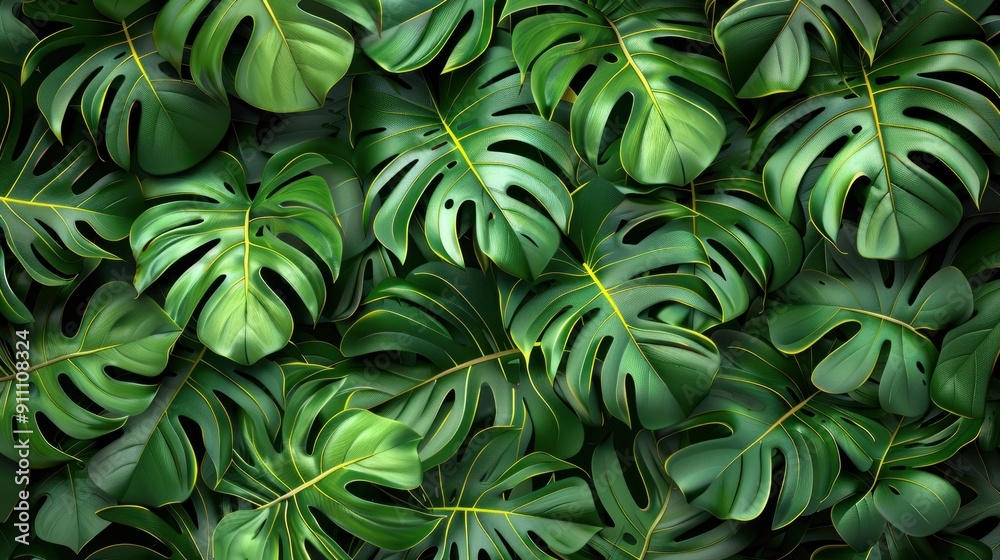 Lush Green Monstera Deliciosa Leaves with Yellow Veins