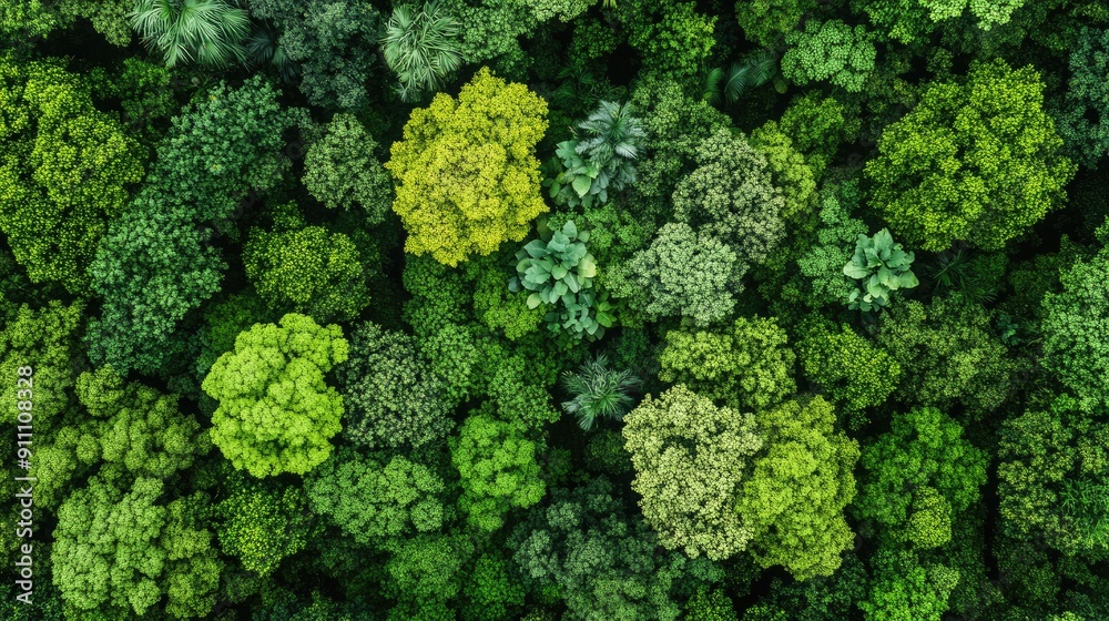 Aerial top view of a forest canopy, with an emphasis on the varying shades of green Aerial top view of a forest canopy, with an emphasis on the varying shades of green