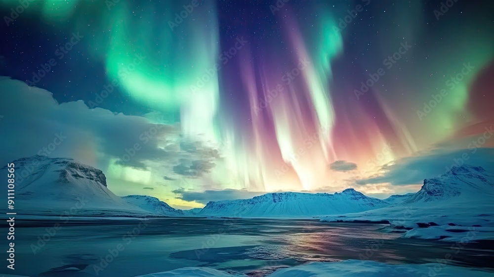 Aurora borealis in full splendor, with bright, swirling lights creating a spectacular nighttime display Aurora borealis in full splendor, with bright, swirling lights creating a spectacular nighttime display