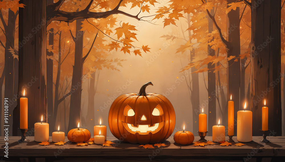 Obraz premium Halloween pumpkin and candles in autumn landscape
