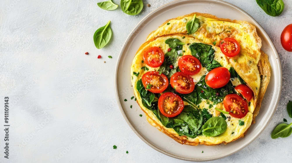 Delicious omelette filled with tomatoes and spinach, captured from above on a light surface with copy space Delicious omelette filled with tomatoes and spinach, captured from above on a light surface with copy space