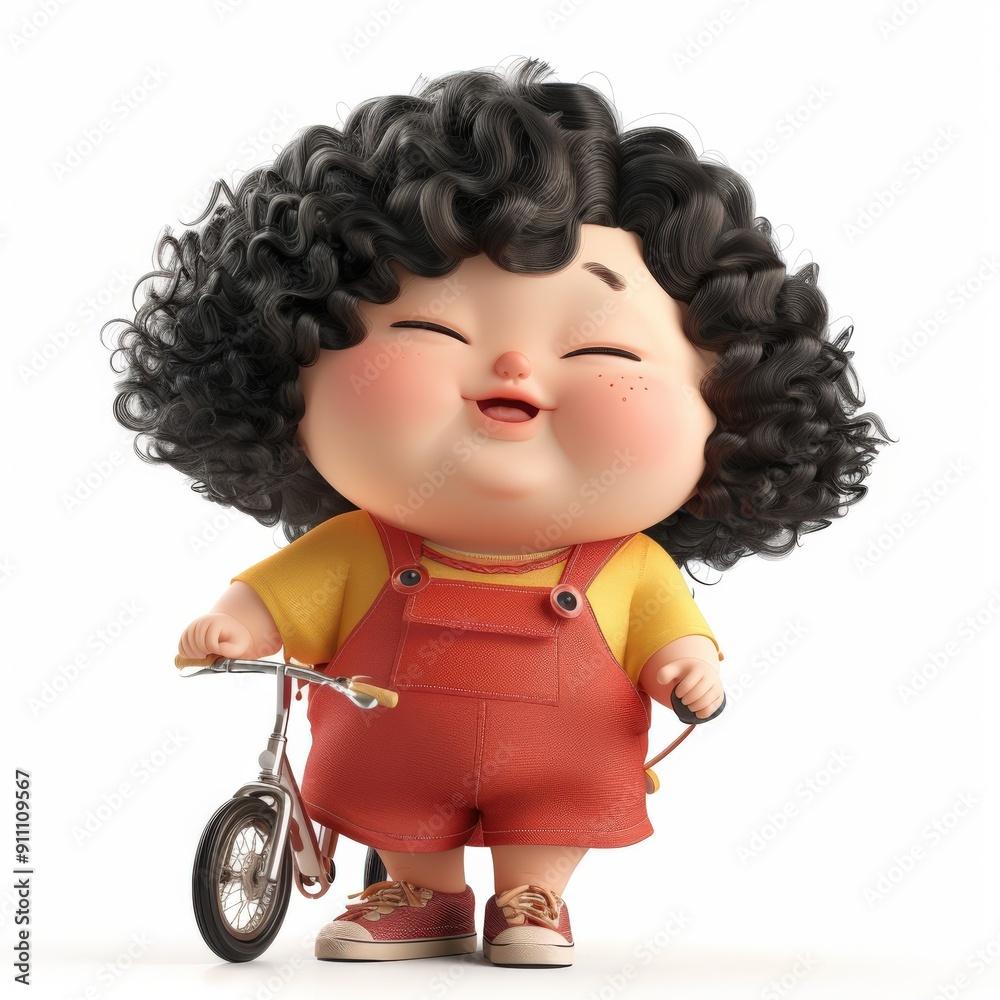 Fototapeta premium Cute 3D cartoon character of a happy chubby child with curly black hair standing next to a small toy bicycle on a white background.