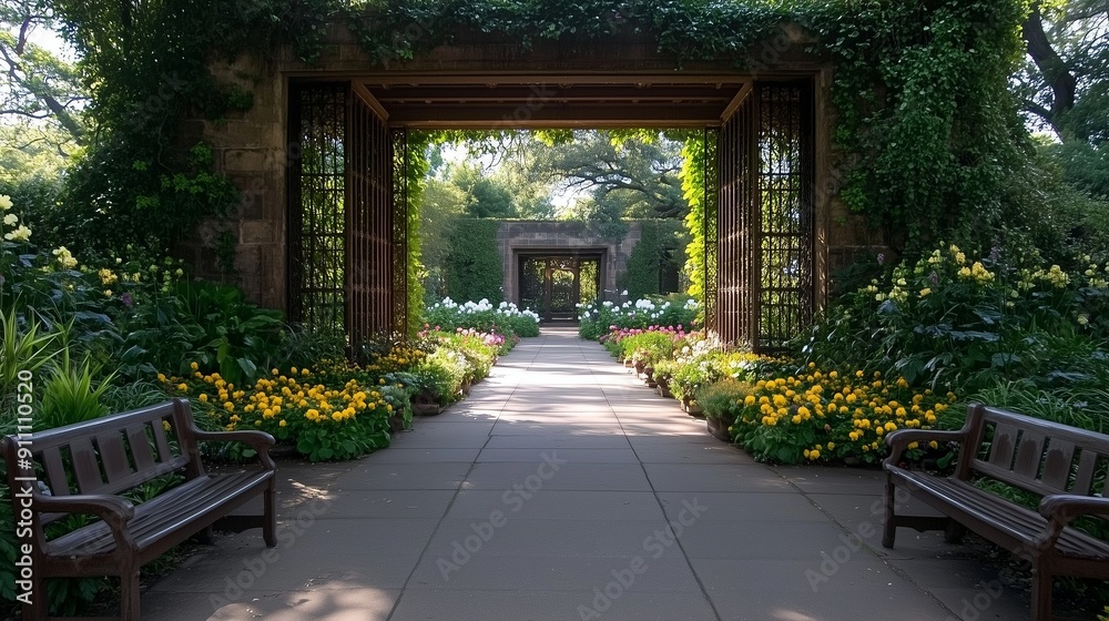 Fototapeta premium Tranquil Garden Path with Arched Trellis and Colorful Flowers