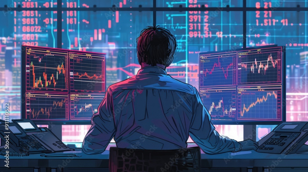 Trader Analyzing Multiple Screens with Dynamic Stock Market Graphs Trader Analyzing Multiple Screens with Dynamic Stock Market Graphs