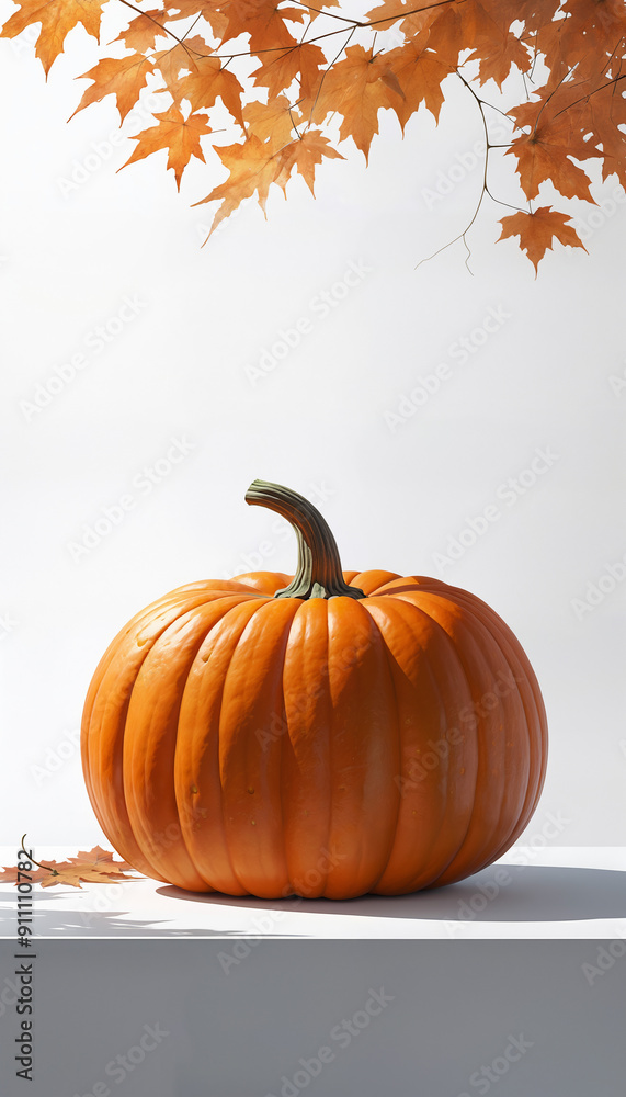 Naklejka premium Orange Pumpkin on a White Background with Fall Leaves