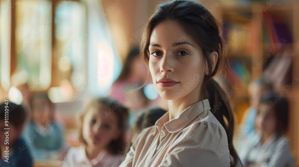 Confident Young Female Teacher Supervising Classroom Confident Young Female Teacher Supervising Classroom