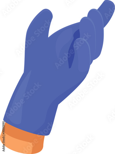 Hand wearing a blue sterile glove is pointing with the index finger